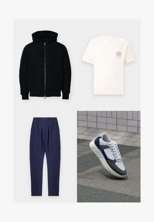 Fekete kapucnis dzseki elülső cipzárral, kenguruzsebbel, bordázott mandzsettákkal és aba, egy sima fehér háttér előtt.; Fehér, rövid ujjú póló, bal mellen piros szöveggel "Studio Originals Edition", semleges szürke háttér előtt.; Sötétkék nadrág, mely textúrált anyagból készült, rugalmas derékkal, gombos záródással és két elülső pliszéval a dizájn részletek fokozása érdekében.; Fehér, tengerészkék és szürke sneaker vegyes anyagokból készült dizájnnal, amely textúrázott felsőrésszel, lapos fűzőkkel és párnázott talppal rendelkezik.