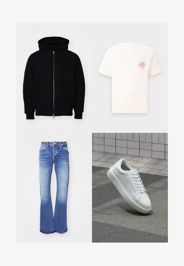 Jachetă neagră cu glugă, cu fermoar în față, buzunar tip kangaroo, mansete și tiv ribbed, prezentată pe un fundal alb simplu.; Tricou alb cu mânecă scurtă, având text roșu "Studio Originals Edition" pe partea stângă a pieptului, expus pe un fundal gri neutru.; Jeansi din denim albastru deschis, evazați, cu un aspect decolorat, cinci buzunare, închidere cu nasture și detalii cusute pe cusături. Deschidere largă la gambă.; Sneaker alb din piele cu o suprafață netedă, vârf rotund și șireturi plate albe. Dispune de o talpă din cauciuc texturată și elemente de design minimale.