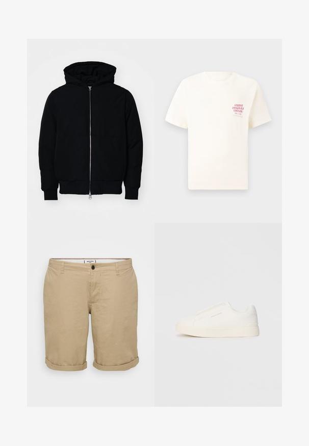 Black hooded jacket with front zipper, kangaroo pocket, ribbed cuffs, and hem, displayed on a plain white background.; White short-sleeve T-shirt with red text "Studio Originals Edition" on left chest, displayed on a neutral gray background.; Light khaki shorts with a straight cut, made of cotton. Features a single front button, side pockets, and rolled-up hems.; White slip-on sneakers with a textured surface, a thick sole, and minimalistic design. Features brand logo on the side.