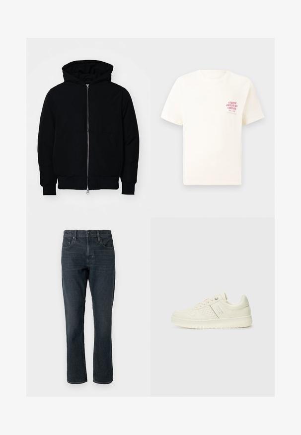 Juodas gobtuvėlis su priekiniu užtrauktuku, kengūros tipo kišene, lygiais rankogaliais ir apvadu, pateiktas ant vientiso balto fono.; Balta trumpa rankovėmis marškinėliai su raudonu užrašu "Studio Originals Edition" kairiajame krūtinės šone, rodomi neutralioje pilkoje aplinkoje.; Tamsiai mėlynos džinsinės kelnės su tiesia siluetu, penkių kišenių dizainu ir mygtuko uždarymu. Turintys subtilų nublukimą ir kontrastingą siuvinėjimą.; Kremo spalvos sportbačiai su perforuotomis detalėmis, raišteliais ir logotipu šone, išdėstyti prieš paprastą baltą foną.