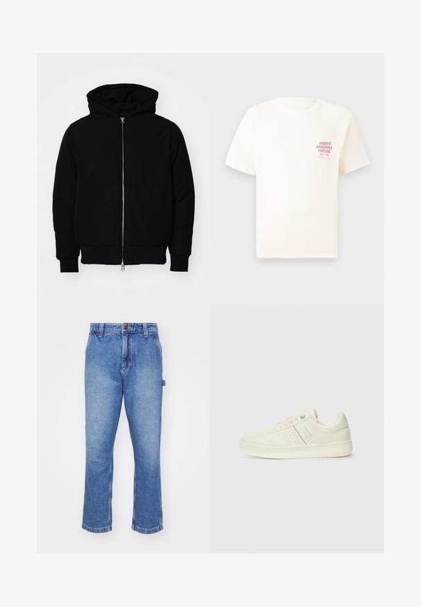 Schwarze Kapuzenjacke mit Frontreißverschluss, Kängurutasche, gerippten Bündchen und Saum, auf einem schlichten weißen Hintergrund präsentiert.; Weißes T-Shirt mit kurzen Ärmeln und rotem Text "Studio Originals Edition" auf der linken Brust, präsentiert vor einem neutralen grauen Hintergrund.; Blaue Jeans aus Denim mit geradem Schnitt, Fünf-Taschen-Design und kontrastierenden Nähten. Knopf- und Reißverschluss an der Taille.; Cremefarbene Sneaker mit perforierten Details, Schnürsenkeln und Logo an der Seite, vor einem schlichten weißen Hintergrund präsentiert.