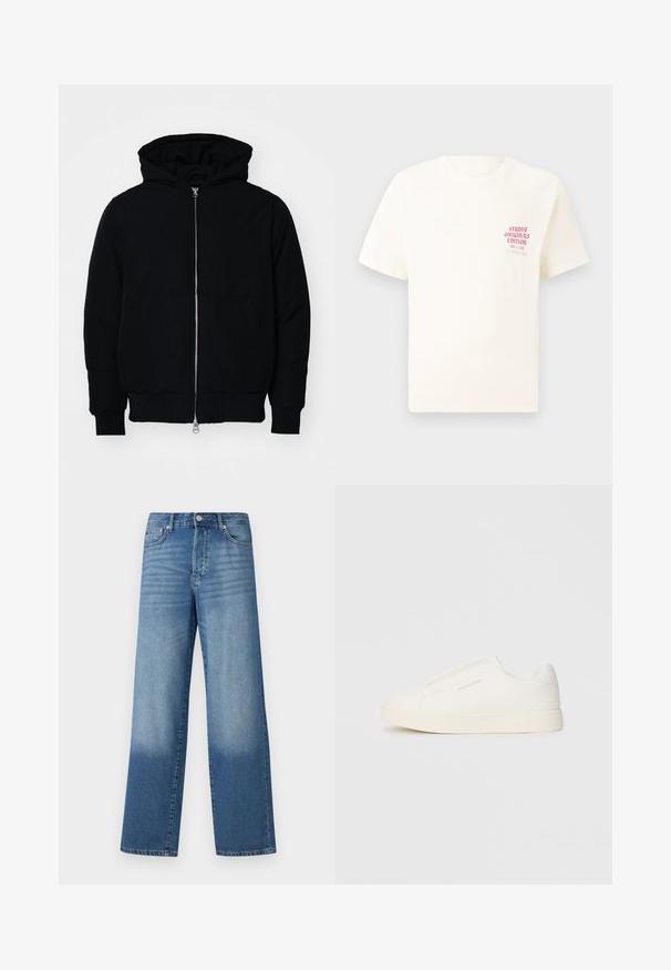 Čierna kapucňová bunda s predným zipsom, klokaními vreckami, rebrovanými manžetami a lemom, zobrazená na bielom pozadí.; Biele tričko s krátkym rukávom s červeným textom "Studio Originals Edition" na ľavej hrudi, zobrazené na neutrálnom šedom pozadí.; Modré vysoké pásové rovné džínsy so zosvetlením na stehnách a tmavším odtieňom pri lemoch, viditeľným predným gombíkom a vreckami.; Biele slip-on tenisky s textúrovaným povrchom, hrubou podrážkou a minimalistickým dizajnom. Obsahuje logo značky na boku.