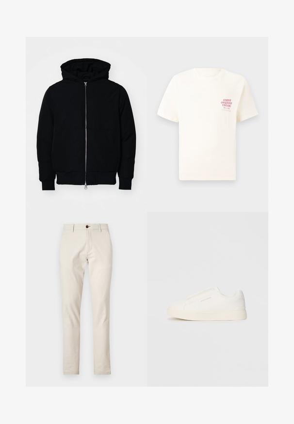 Black hooded jacket with front zipper, kangaroo pocket, ribbed cuffs, and hem, displayed on a plain white background.; White short-sleeve T-shirt with red text "Studio Originals Edition" on left chest, displayed on a neutral gray background.; Beige cotton trousers with a slim fit, front pockets, and a single brown button closure at the waist. Smooth texture.; White slip-on sneakers with a textured surface, a thick sole, and minimalistic design. Features brand logo on the side.