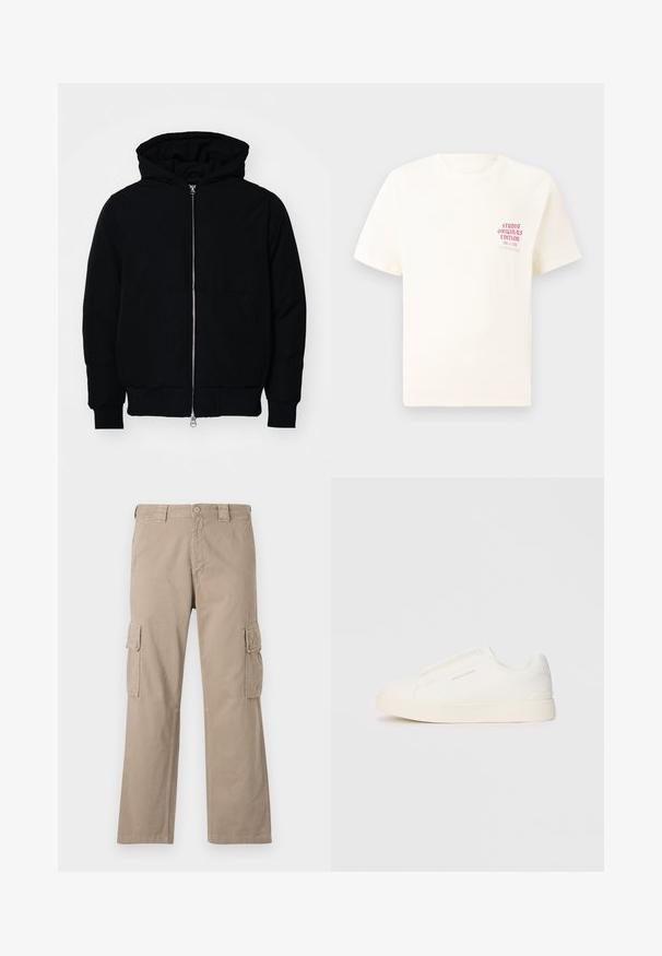 Schwarze Kapuzenjacke mit Frontreißverschluss, Kängurutasche, gerippten Bündchen und Saum, auf einem schlichten weißen Hintergrund präsentiert.; Weißes T-Shirt mit kurzen Ärmeln und rotem Text "Studio Originals Edition" auf der linken Brust, präsentiert vor einem neutralen grauen Hintergrund.; Beige Cargo-Hosen aus Baumwolle mit geradem Bein, ausgestattet mit zwei Seitentaschen und einem Knopfverschluss am Bund.; Weiße Slip-On-Sneaker mit einer strukturierten Oberfläche, dicker Sohle und minimalistischem Design. Mit Logo der Marke an der Seite.