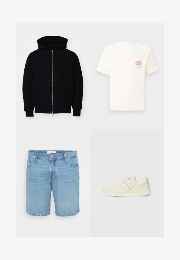 Černá kapucňová bunda s předním zipem, klokaní kapsou, vroubkovanými manžetami a spodním lemem, vystavená na čistém bílém pozadí.; Bílý krátký rukávový tričko s červeným textem "Studio Originals Edition" na levé hrudi, vystavené na neutrálním šedém pozadí.; Světle modré denimové šortky s klasickým střihem, které mají pět kapes, zapínání na knoflík a jemné zesvětlení. Hladká textura, prošívané lemy.; Světlé krémové tenisky s perforovanými detaily, šněrováním a logem na boku, vystavené na jednoduchém bílém pozadí.