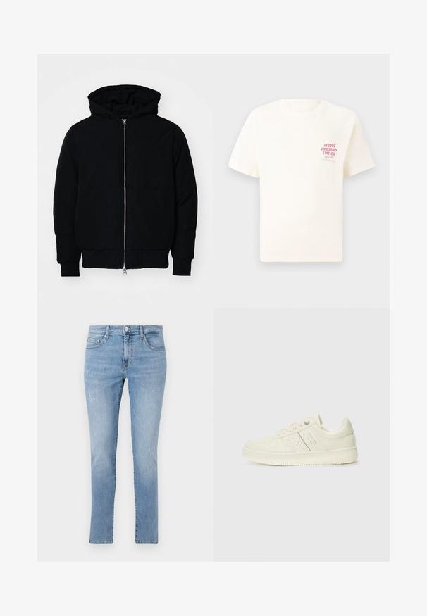 Čierna kapucňová bunda s predným zipsom, klokaními vreckami, rebrovanými manžetami a lemom, zobrazená na bielom pozadí.; Biele tričko s krátkym rukávom s červeným textom "Studio Originals Edition" na ľavej hrudi, zobrazené na neutrálnom šedom pozadí.; Svetlé modré džínsy s rovnými nohavicami, s poškodeným dizajnom, piatimi vreckami a kovovou gombíkovou sponou v pase.; Krémová teniska s perforovanými detailmi, šnúrkami a logom na boku, vystavená na jednoduchej bielej pozadí.