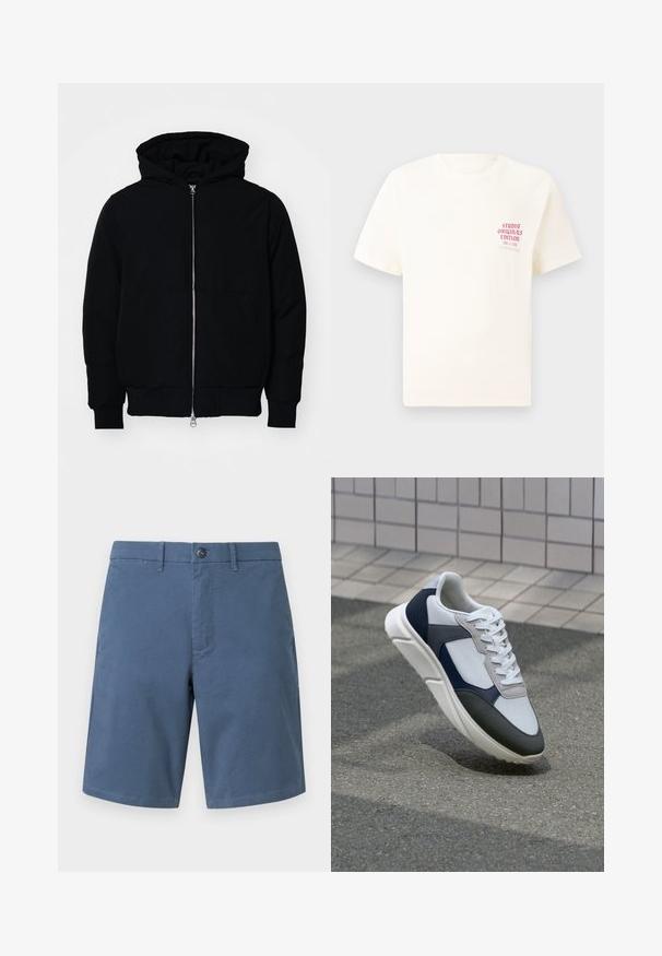 Črna kapuca jakna s sprednjim zadrgo, kenguru žepom, rebrastimi manšetami in hemom, razstavljena na enostavni beli ozadju.; Bela majica s kratkimi rokavi z rdečim napisom "Studio Originals Edition" na levi strani prsnega koša, prikazana na nevtralnem sivo backgroundu.; GAP VINTAGE - Kratke hlače - frozen lake; Bela, mornarsko modra in siva športna obutev z mešano materialno zasnovo, ki vključuje teksturirano zgornji del, ravne vezalke in oblazinjen podplat.