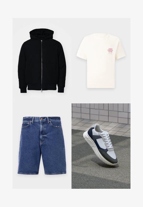 Svart huoodiejacka med framdragkedja, känguruficka, ribbade ärmslut och nederkant, uppställd mot en vit bakgrund.; Vit kortärmad T-shirt med röd text "Studio Originals Edition" på vänster bröst, är uppställd på en neutral grå bakgrund.; Denimshorts i mörkblått med klassisk skärning, med knappstängning, fem fickor och kontrasterande orange sömmar.; Vit, marinblå och grå sneaker med en blandad materialdesign, som har ett texturerat ovandel, platta snören och en vadderad sula.