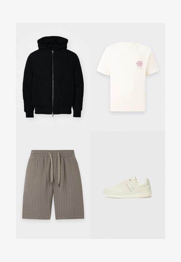 Mustaga kapuutsiga jakk, millel on esineed, kenguru tasku, soonikkoes, ja alläär, esitatud lihtsal valgel taustal.; Valge lühikeste varrukatega T-särk, millel on vasakul rinnal punane tekst "Studio Originals Edition", esitatud neutraalsel hallil taustal.; Pruunid, tekstuursed lühikesed püksid koos elastse vöökohaga ja reguleeritava nööriga; omaduseks on pehme, kergest kangast materjal ja ruuduline muster.; Koor valged tossud perforatsiooni detailide, nööpide ja külje logo ka, esitatud ühtlase valge tausta ees.