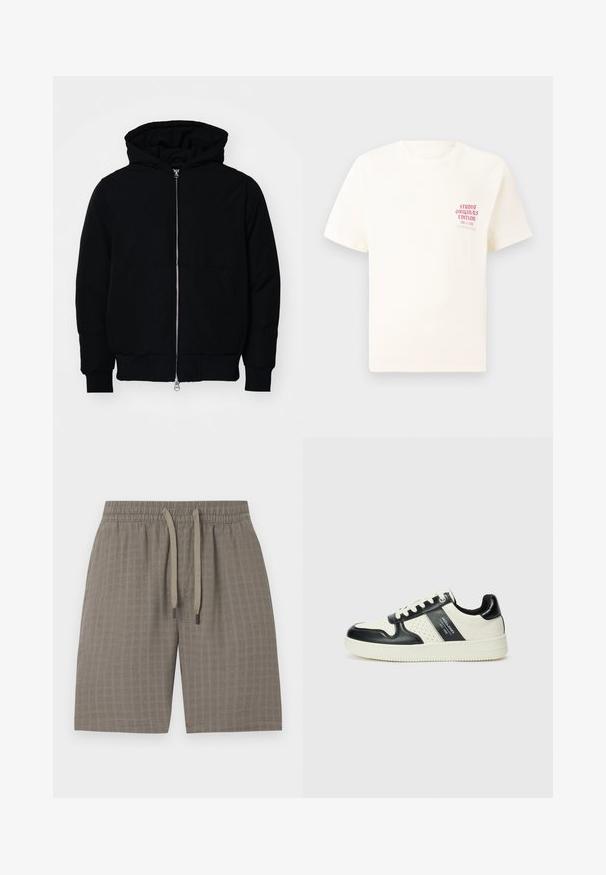 Mustaga kapuutsiga jakk, millel on esineed, kenguru tasku, soonikkoes, ja alläär, esitatud lihtsal valgel taustal.; Valge lühikeste varrukatega T-särk, millel on vasakul rinnal punane tekst "Studio Originals Edition", esitatud neutraalsel hallil taustal.; Pruunid, tekstuursed lühikesed püksid koos elastse vöökohaga ja reguleeritava nööriga; omaduseks on pehme, kergest kangast materjal ja ruuduline muster.; Nahatud nahkkingad musta ja kreemi värviskeemiga, millel on perforeeritud aktsendid, pehme krae ja tekstureeritud tallad.