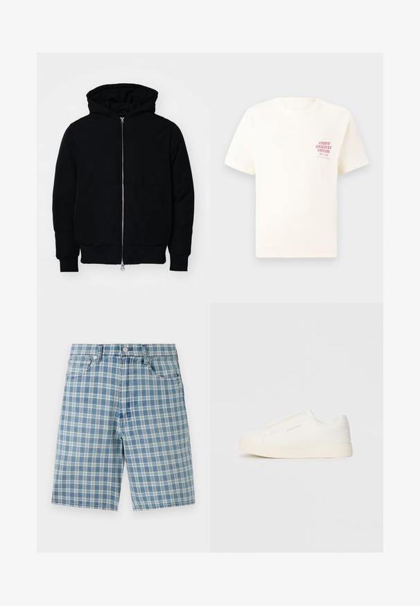 Crna kapuška jakna s prednjim zatvaračem, kenguru džepom, rebrastim manžetama i rubom, prikazana na običnoj bijeloj pozadini.; Bijela kratka majica s kratkim rukavima s crvenim natpisom "Studio Originals Edition" na lijevoj strani grudi, prikazana na neutralnoj sivoj pozadini.; Svijetloplave karirane hlače kratkog kroja od mješavine pamuka, s dizajnom s pet džepova, zatvaranjem na gumb i opuštenim fitom. Tekstura je glatka i mekana.; Bijele slip-on tenisice s teksturiranom površinom, debelim đonom i minimalističkim dizajnom. Sadrže logo branda sa strane.