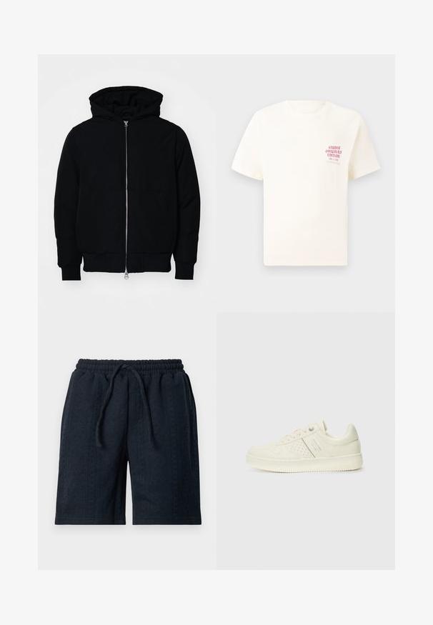 Svart hettejakke med frontglidelås, kengurulomme, ribbestrikket mansjetter og søm, vist på en ensfarget hvit bakgrunn.; Hvit T-skjorte med korte ermer og rød tekst "Studio Originals Edition" på venstre bryst, vist på en nøytral grå bakgrunn.; Mørk marineblå shorts laget av teksturert stoff med elastisk linning og snor. Har et subtilt mønster gjennom hele plagget.; Kremfargede sneakers med perforerte detaljer, snøring og logo på siden, vist mot en enkel hvit bakgrunn.