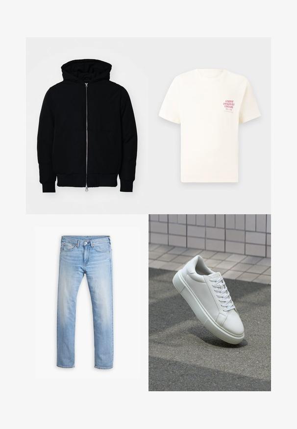 Black hooded jacket with front zipper, kangaroo pocket, ribbed cuffs, and hem, displayed on a plain white background.; White short-sleeve T-shirt with red text "Studio Originals Edition" on left chest, displayed on a neutral gray background.; Light blue denim jeans with a straight cut, five pockets, and a button fly. Features subtle fading and orange stitching accents.; White leather sneaker with a smooth surface, round toe, and flat white laces. Features a textured rubber sole and minimal design elements.