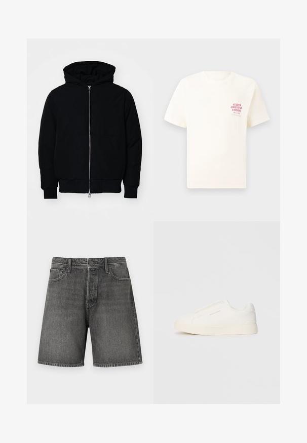 Black hooded jacket with front zipper, kangaroo pocket, ribbed cuffs, and hem, displayed on a plain white background.; White short-sleeve T-shirt with red text "Studio Originals Edition" on left chest, displayed on a neutral gray background.; Dark gray denim shorts with a classic five-pocket design, button and zip closure, straight cut, and slight fading texture throughout.; White slip-on sneakers with a textured surface, a thick sole, and minimalistic design. Features brand logo on the side.
