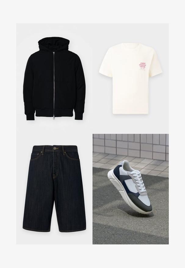 Černá kapucňová bunda s předním zipem, klokaní kapsou, vroubkovanými manžetami a spodním lemem, vystavená na čistém bílém pozadí.; Bílý krátký rukávový tričko s červeným textem "Studio Originals Edition" na levé hrudi, vystavené na neutrálním šedém pozadí.; Tmavé denimové šortky se rovný střih, s žlutým prošíváním, pěti kapsami a předním zapínáním na knoflík. Hladká textura.; Bílé, námořnické a šedé tenisky s kombinovaným materiálovým designem, který zahrnuje texturovaný svršek, ploché šňůrky a polstrovanou podešev.