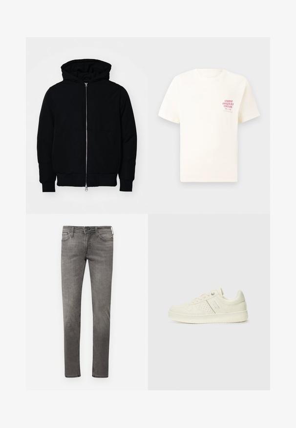 Mustaga kapuutsiga jakk, millel on esineed, kenguru tasku, soonikkoes, ja alläär, esitatud lihtsal valgel taustal.; Valge lühikeste varrukatega T-särk, millel on vasakul rinnal punane tekst "Studio Originals Edition", esitatud neutraalsel hallil taustal.; Kahvatu hallid teksad, kitsas lõige, viie taskuga ja kontrastsete õmblustega. Omab tõmblukkuga varrukat ja vöökindaid. Minimalistlik disain.; Koor valged tossud perforatsiooni detailide, nööpide ja külje logo ka, esitatud ühtlase valge tausta ees.