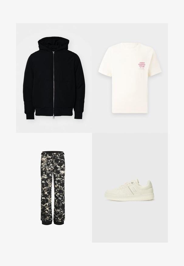 Jachetă neagră cu glugă, cu fermoar în față, buzunar tip kangaroo, mansete și tiv ribbed, prezentată pe un fundal alb simplu.; Tricou alb cu mânecă scurtă, având text roșu "Studio Originals Edition" pe partea stângă a pieptului, expus pe un fundal gri neutru.; Pantaloni de zăpadă impermeabili negri cu un model de stropi în crem și maro. Au manșete elastice și un talie ajustabilă.; Adidași crem cu detalii perforate, șireturi și logo pe lateral, expuși pe un fundal alb simplu.