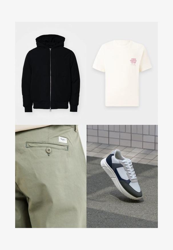 Juodas gobtuvėlis su priekiniu užtrauktuku, kengūros tipo kišene, lygiais rankogaliais ir apvadu, pateiktas ant vientiso balto fono.; Balta trumpa rankovėmis marškinėliai su raudonu užrašu "Studio Originals Edition" kairiajame krūtinės šone, rodomi neutralioje pilkoje aplinkoje.; Šviesiai alyvuogių spalvos medvilninės kelnės su užpakaline kišene, pasižyminčios sagos uždarymu ir maža prekės ženklo etiketė, siuvinėta virš kišenės.; Baltos, tamsiai mėlynos ir pilkos sportbačiai su mišriomis medžiagomis, turintys tekstūruotą viršutinę dalį, plokščius raištelius ir paminkštintą pado dalį.