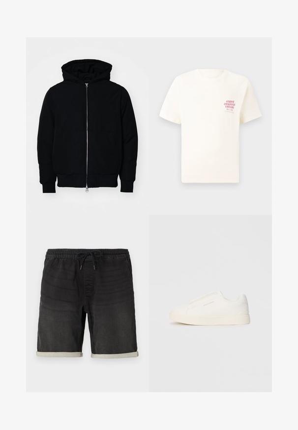 Jachetă neagră cu glugă, cu fermoar în față, buzunar tip kangaroo, mansete și tiv ribbed, prezentată pe un fundal alb simplu.; Tricou alb cu mânecă scurtă, având text roșu "Studio Originals Edition" pe partea stângă a pieptului, expus pe un fundal gri neutru.; Shorts din denim negru cu talie elastică și șnur ajustabil. Prezintă mansete răsucite și variații subtile de textură pe tot parcursul.; Tenisi albi slip-on cu o suprafață texturată, talpă groasă și un design minimalist. Prezintă logo-ul brandului pe lateral.