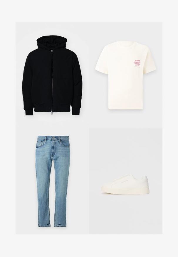 Fekete kapucnis dzseki elülső cipzárral, kenguruzsebbel, bordázott mandzsettákkal és aba, egy sima fehér háttér előtt.; Fehér, rövid ujjú póló, bal mellen piros szöveggel "Studio Originals Edition", semleges szürke háttér előtt.; Hollister Co. Egyenes szárú farmer - medium wash; Fehér slip-on sportcipők texturált felülettel, vastag talppal és minimalista dizájnnal. Az oldalon a márka logója található.