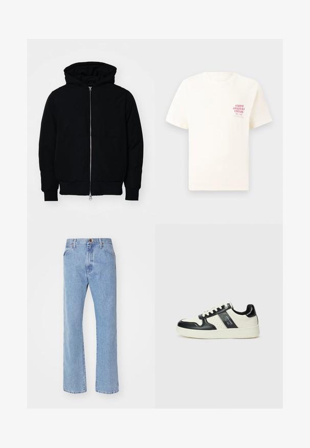 Mustaga kapuutsiga jakk, millel on esineed, kenguru tasku, soonikkoes, ja alläär, esitatud lihtsal valgel taustal.; Valge lühikeste varrukatega T-särk, millel on vasakul rinnal punane tekst "Studio Originals Edition", esitatud neutraalsel hallil taustal.; Heledad sinine teksapüksid, kõrge vöökoht, sirge jalg ja esiküljel taskud. Omab vaskset riistvara ja peent kulumist.; Nahatud nahkkingad musta ja kreemi värviskeemiga, millel on perforeeritud aktsendid, pehme krae ja tekstureeritud tallad.