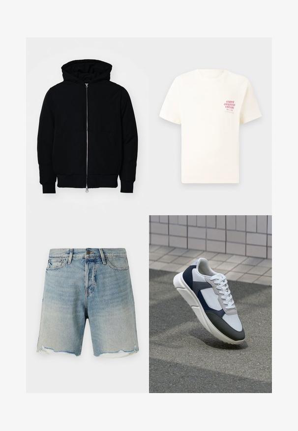 Fekete kapucnis dzseki elülső cipzárral, kenguruzsebbel, bordázott mandzsettákkal és aba, egy sima fehér háttér előtt.; Fehér, rövid ujjú póló, bal mellen piros szöveggel "Studio Originals Edition", semleges szürke háttér előtt.; Világoskék farmernadrág rövidnadrág, elhalványodott kivitelben. Frayed szegély és standard öt zsebes kialakítás jellemzi. Fém gombos zárás a deréknál.; Fehér, tengerészkék és szürke sneaker vegyes anyagokból készült dizájnnal, amely textúrázott felsőrésszel, lapos fűzőkkel és párnázott talppal rendelkezik.