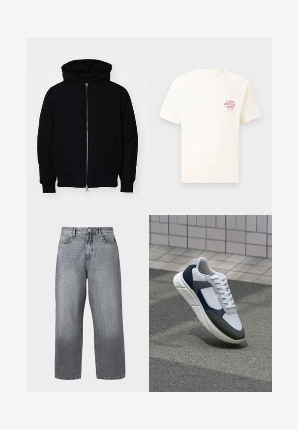 Black hooded jacket with front zipper, kangaroo pocket, ribbed cuffs, and hem, displayed on a plain white background.; White short-sleeve T-shirt with red text "Studio Originals Edition" on left chest, displayed on a neutral gray background.; Gray denim wide-leg jeans with a high waist, five-pocket design, and metal fastening. Fabric shows slight fading near the hem.; White, navy, and gray sneaker with a mixed material design, featuring a textured upper, flat laces, and a cushioned sole.