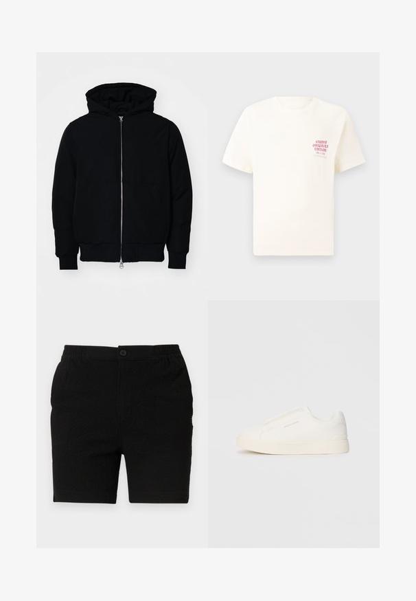 Svart hettejakke med frontglidelås, kengurulomme, ribbestrikket mansjetter og søm, vist på en ensfarget hvit bakgrunn.; Hvit T-skjorte med korte ermer og rød tekst "Studio Originals Edition" på venstre bryst, vist på en nøytral grå bakgrunn.; Svarte shorts med teksturert stoff, elastisk midjebånd og en enkelt knappelukking. Designet for uformell bruk med rette ben.; Hvite slip-on joggesko med teksturert overflate, tykk såle og minimalistisk design. Har merkevarelogo på siden.