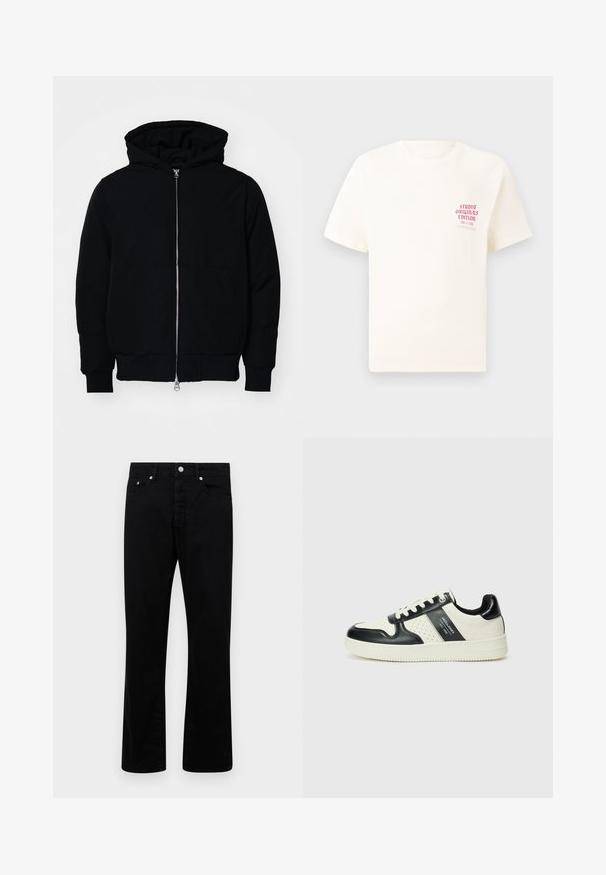 Černá kapucňová bunda s předním zipem, klokaní kapsou, vroubkovanými manžetami a spodním lemem, vystavená na čistém bílém pozadí.; Bílý krátký rukávový tričko s červeným textem "Studio Originals Edition" na levé hrudi, vystavené na neutrálním šedém pozadí.; Černé džíny se střední šířkou nohavic, které mají pět kapes, zapínání na knoflík a stříbrné kovové detaily. Hladká textura.; Kožené tenisky s černobílou barevnou kombinací, které mají perforované detaily, polstrovaný límec a texturovanou podrážku.