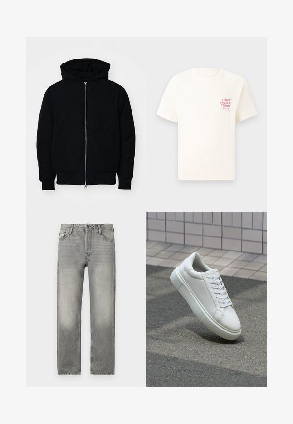 Schwarze Kapuzenjacke mit Frontreißverschluss, Kängurutasche, gerippten Bündchen und Saum, auf einem schlichten weißen Hintergrund präsentiert.; Weißes T-Shirt mit kurzen Ärmeln und rotem Text "Studio Originals Edition" auf der linken Brust, präsentiert vor einem neutralen grauen Hintergrund.; Graue Denim-Jeans mit entspannter Passform, ausgestattet mit einer verblassten Waschung, einem Fünf-Taschen-Design, Knopfverschluss und geradem Bein.; Weiße Leder-Sneaker mit glatter Oberfläche, runder Zehenpartie und flachen weißen Schnürsenkeln. Verfügt über eine strukturierte Gummisohle und minimalistische Designelemente.