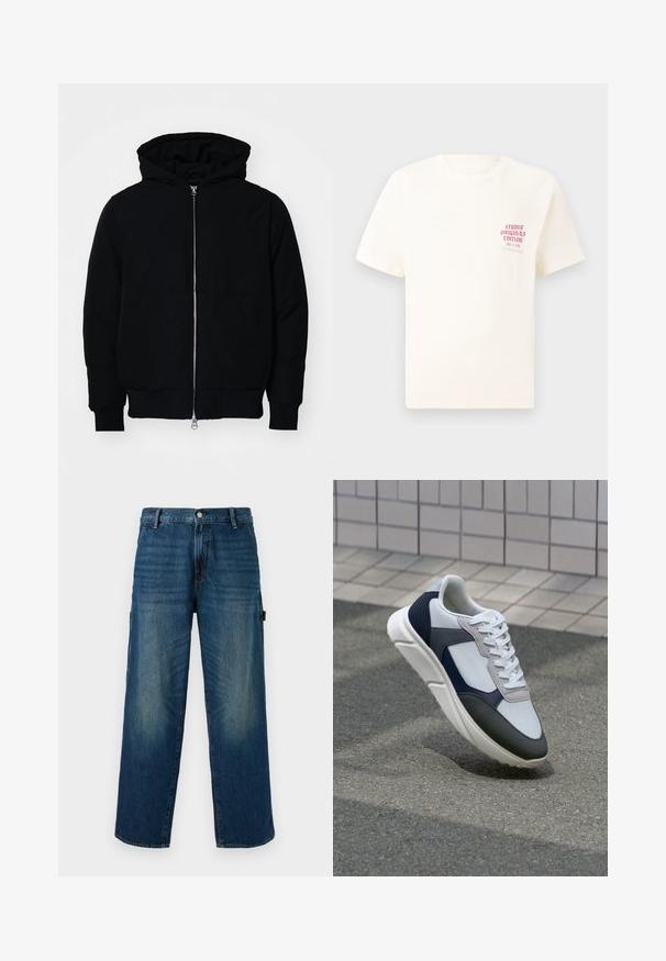 Black hooded jacket with front zipper, kangaroo pocket, ribbed cuffs, and hem, displayed on a plain white background.; White short-sleeve T-shirt with red text "Studio Originals Edition" on left chest, displayed on a neutral gray background.; Wide-leg blue denim pants with faded accents, featuring a traditional button and zipper closure, and side pocket on the left.; White, navy, and gray sneaker with a mixed material design, featuring a textured upper, flat laces, and a cushioned sole.