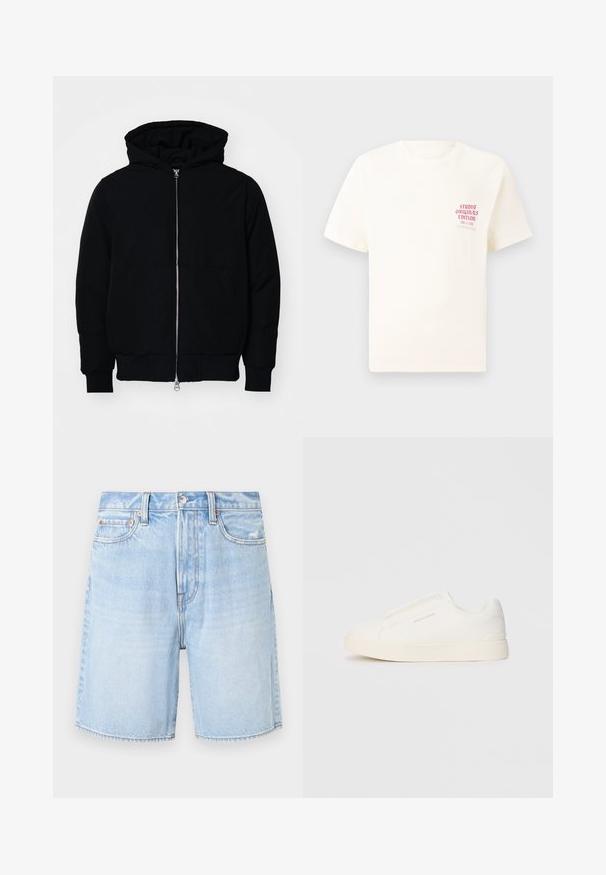 Black hooded jacket with front zipper, kangaroo pocket, ribbed cuffs, and hem, displayed on a plain white background.; White short-sleeve T-shirt with red text "Studio Originals Edition" on left chest, displayed on a neutral gray background.; Light blue denim shorts with a classic fit, featuring a five-pocket design, frayed hem, and contrast stitching.; White slip-on sneakers with a textured surface, a thick sole, and minimalistic design. Features brand logo on the side.