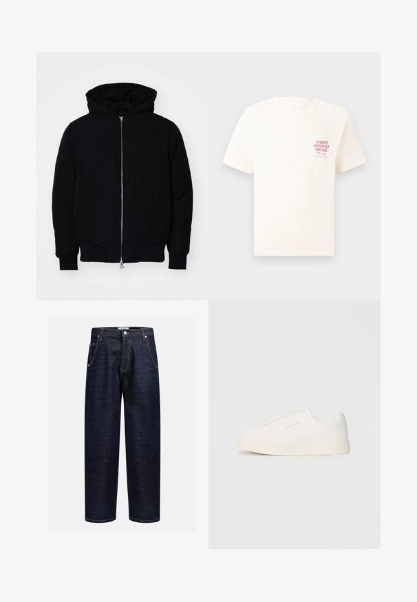 Černá kapucňová bunda s předním zipem, klokaní kapsou, vroubkovanými manžetami a spodním lemem, vystavená na čistém bílém pozadí.; Bílý krátký rukávový tričko s červeným textem "Studio Originals Edition" na levé hrudi, vystavené na neutrálním šedém pozadí.; Tmavé džínové kalhoty s rovnými nohavicemi, které mají pět kapes, měděné nýty a kontrastní šití podél švů.; Bílé slip-on tenisky s texturovaným povrchem, silnou podešví a minimalistickým designem. Na boku je umístěno logo značky.