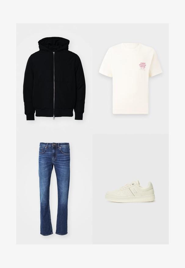 Črna kapuca jakna s sprednjim zadrgo, kenguru žepom, rebrastimi manšetami in hemom, razstavljena na enostavni beli ozadju.; Bela majica s kratkimi rokavi z rdečim napisom "Studio Originals Edition" na levi strani prsnega koša, prikazana na nevtralnem sivo backgroundu.; Modri traper džinsi s ravnim krojem, z zadrgo in gumbom, petimi žepi in rahlim bledenjem na stegnih.; Sneaker v kremni barvi s perforiranim detajlom, vezalkami in logotipom na strani, prikazan na enostavni beli ozadju.