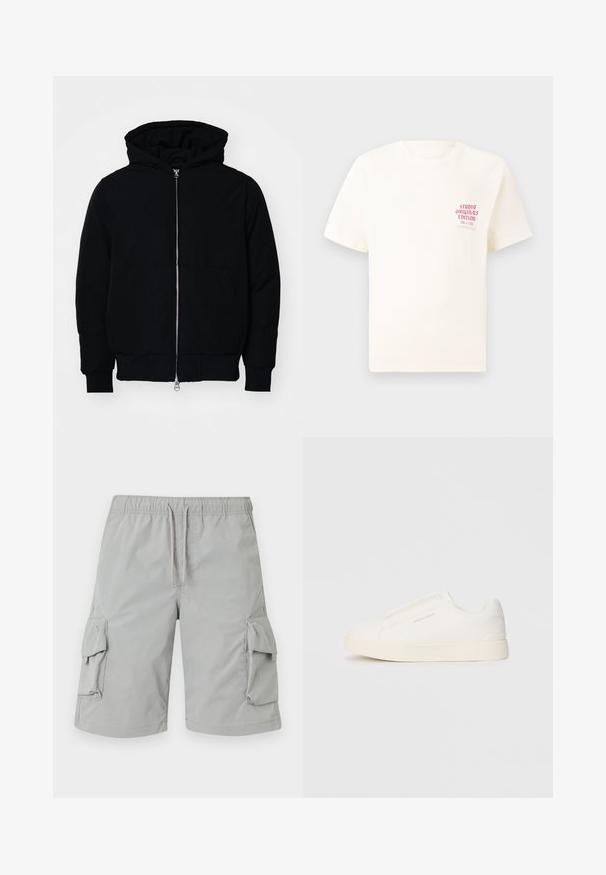 Veste à capuche noire avec fermeture éclair sur le devant, poche kangourou, poignets et ourlet côtelés, présentée sur un fond blanc uni.; T-shirt blanc à manches courtes avec le texte rouge "Édition Originals du Studio" sur la poitrine gauche, présenté sur un fond gris neutre.; Shorts cargo gris clair avec une taille élastique, fermeture à cordon de serrage et deux grandes poches latérales. Tissu lisse et léger.; Baskets blanches sans lacets avec une surface texturée, une semelle épaisse et un design minimaliste. Présente le logo de la marque sur le côté.