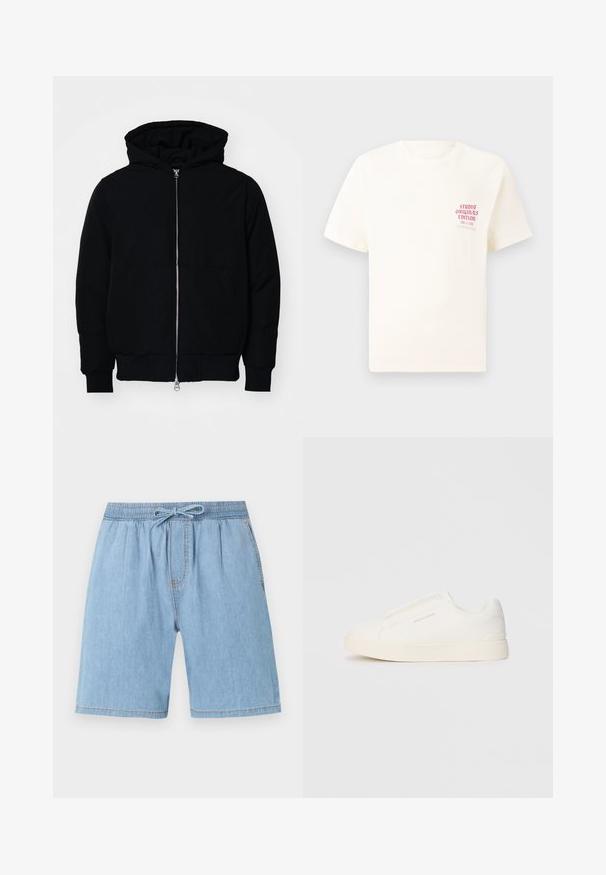 Black hooded jacket with front zipper, kangaroo pocket, ribbed cuffs, and hem, displayed on a plain white background.; White short-sleeve T-shirt with red text "Studio Originals Edition" on left chest, displayed on a neutral gray background.; Light blue denim shorts with an elastic waistband, drawstring closure, pleats at the front, and straight-cut legs.; White slip-on sneakers with a textured surface, a thick sole, and minimalistic design. Features brand logo on the side.