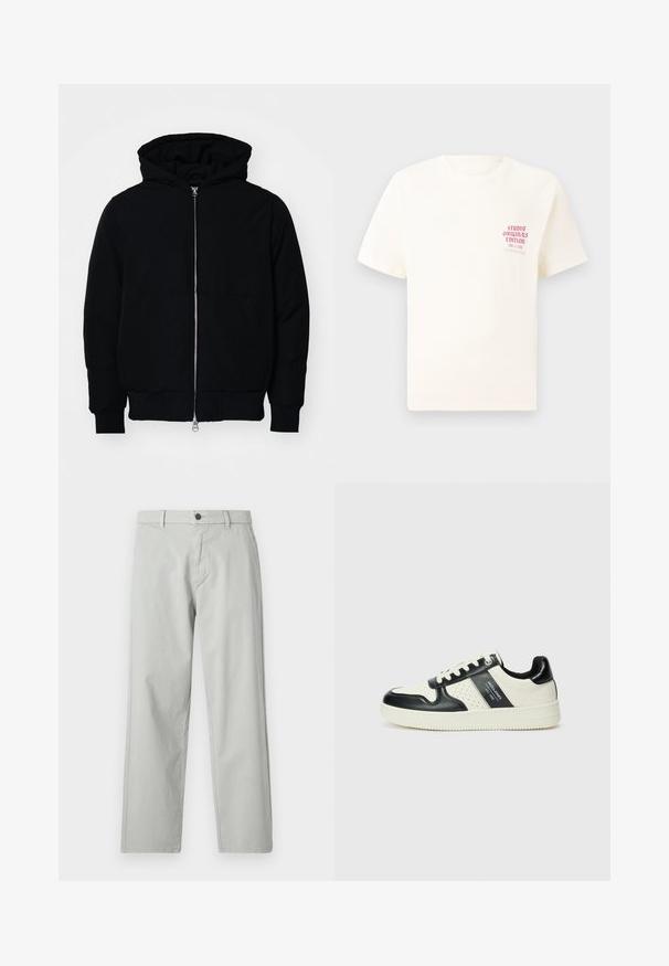 Black hooded jacket with front zipper, kangaroo pocket, ribbed cuffs, and hem, displayed on a plain white background.; White short-sleeve T-shirt with red text "Studio Originals Edition" on left chest, displayed on a neutral gray background.; Light gray, straight-leg pants made of a smooth, woven fabric. Features a front button closure and side pockets. Minimalist style.; Leather sneakers with a black and cream color scheme, featuring perforated accents, a padded collar, and a textured outsole.