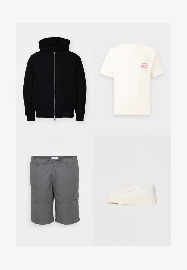 Black hooded jacket with front zipper, kangaroo pocket, ribbed cuffs, and hem, displayed on a plain white background.; White short-sleeve T-shirt with red text "Studio Originals Edition" on left chest, displayed on a neutral gray background.; Gray cargo shorts made of lightweight fabric, featuring a button closure, two side pockets, and patch pockets on each leg.; White slip-on sneakers with a textured surface, a thick sole, and minimalistic design. Features brand logo on the side.