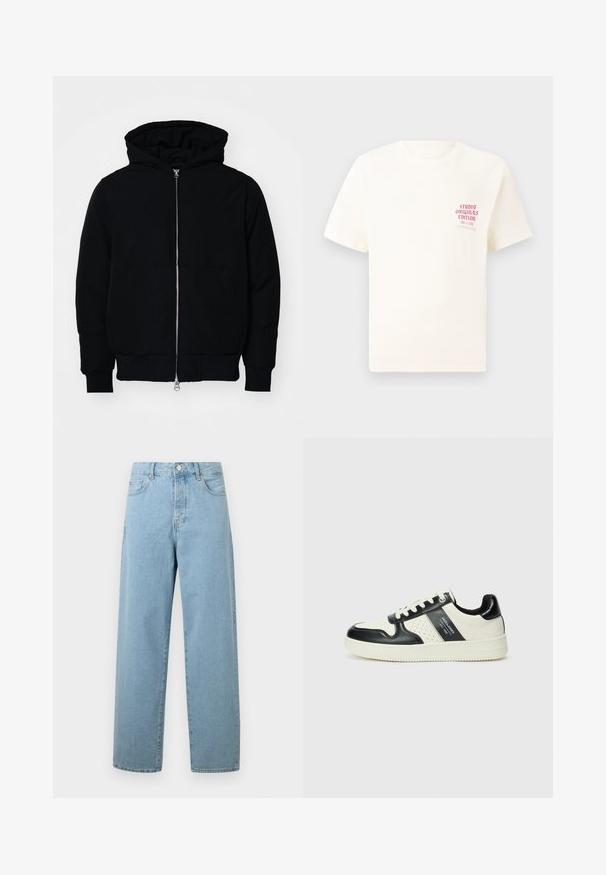 Black hooded jacket with front zipper, kangaroo pocket, ribbed cuffs, and hem, displayed on a plain white background.; White short-sleeve T-shirt with red text "Studio Originals Edition" on left chest, displayed on a neutral gray background.; Light blue wide-leg jeans made of denim, featuring a front button closure, traditional five-pocket design, and a relaxed fit.; Leather sneakers with a black and cream color scheme, featuring perforated accents, a padded collar, and a textured outsole.