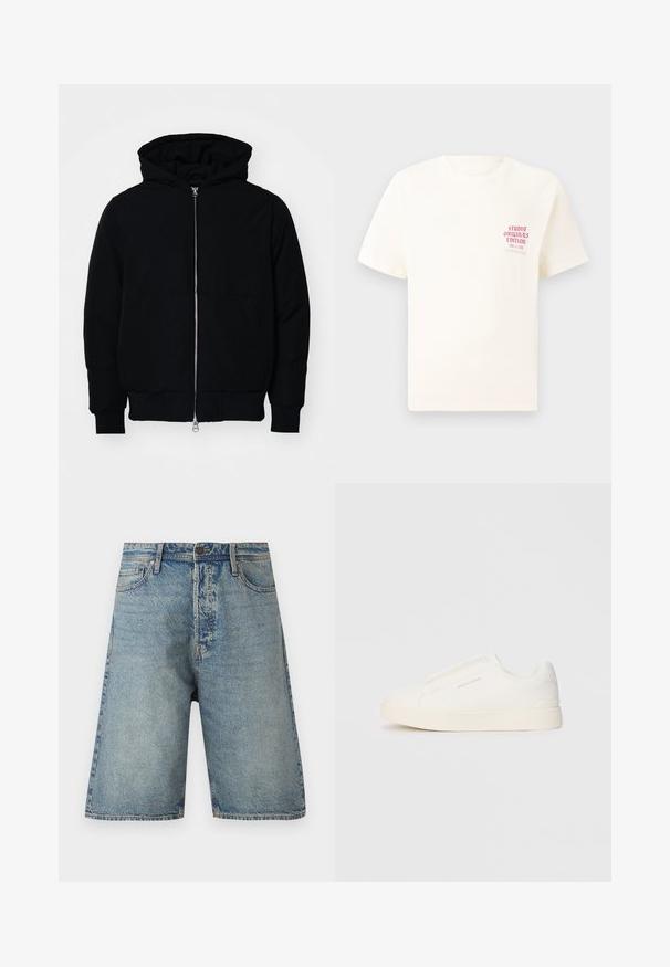 Svart huoodiejacka med framdragkedja, känguruficka, ribbade ärmslut och nederkant, uppställd mot en vit bakgrund.; Vit kortärmad T-shirt med röd text "Studio Originals Edition" på vänster bröst, är uppställd på en neutral grå bakgrund.; Jeansshorts med ljusblå tvätt, femficksdesign och rak skärning. Hållbart tyg med synliga sömmar och knappstängning.; Vita slip-on sneakers med en texturerad yta, en tjock sula och minimalistisk design. Har varumärkeslogotypen på sidan.