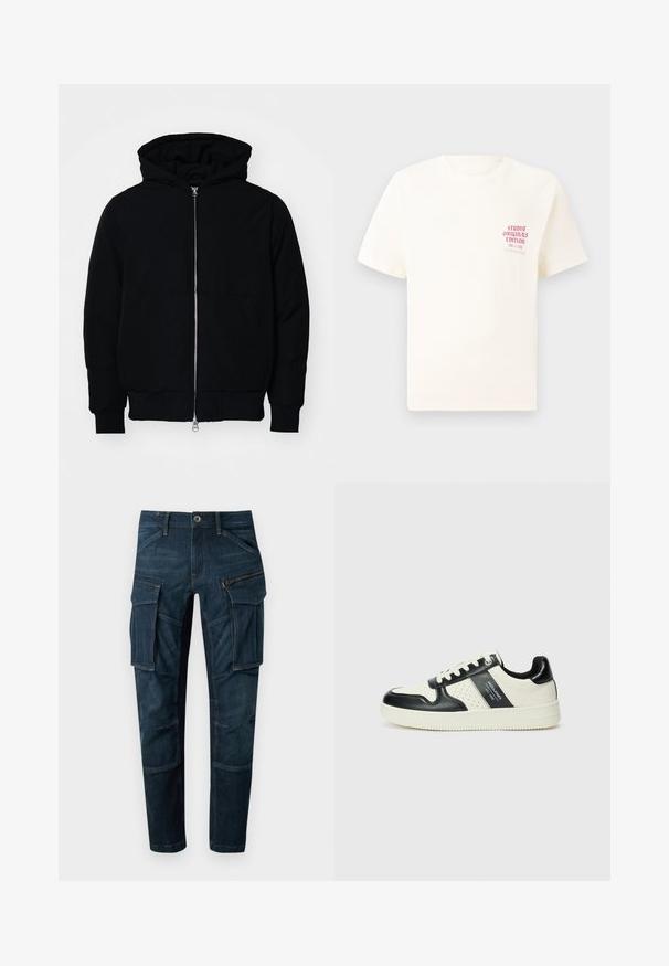 Črna kapuca jakna s sprednjim zadrgo, kenguru žepom, rebrastimi manšetami in hemom, razstavljena na enostavni beli ozadju.; Bela majica s kratkimi rokavi z rdečim napisom "Studio Originals Edition" na levi strani prsnega koša, prikazana na nevtralnem sivo backgroundu.; Temna denim cargo hlače z več žepi, z zadrgo na stranski žep in zoženo obliko nog. Ojačano šivanje in klasična gumbna zapora.; Usnjeni športni čevlji z črno in krem barvno shemo, ki vključujejo perforirane dodatke, podložen ovratnik in strukturirano podplat.