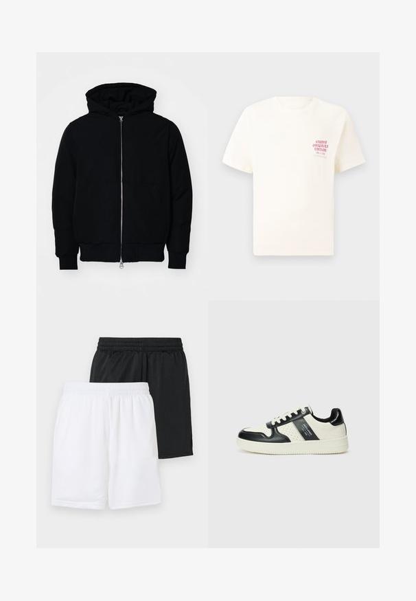 Mustaga kapuutsiga jakk, millel on esineed, kenguru tasku, soonikkoes, ja alläär, esitatud lihtsal valgel taustal.; Valge lühikeste varrukatega T-särk, millel on vasakul rinnal punane tekst "Studio Originals Edition", esitatud neutraalsel hallil taustal.; Kaks paari spordilühikesi pükse: üks must ja teine valge. Mõlemad on varustatud elastse vöökohtaga ja hingava võrkmaterjaliga.; Nahatud nahkkingad musta ja kreemi värviskeemiga, millel on perforeeritud aktsendid, pehme krae ja tekstureeritud tallad.