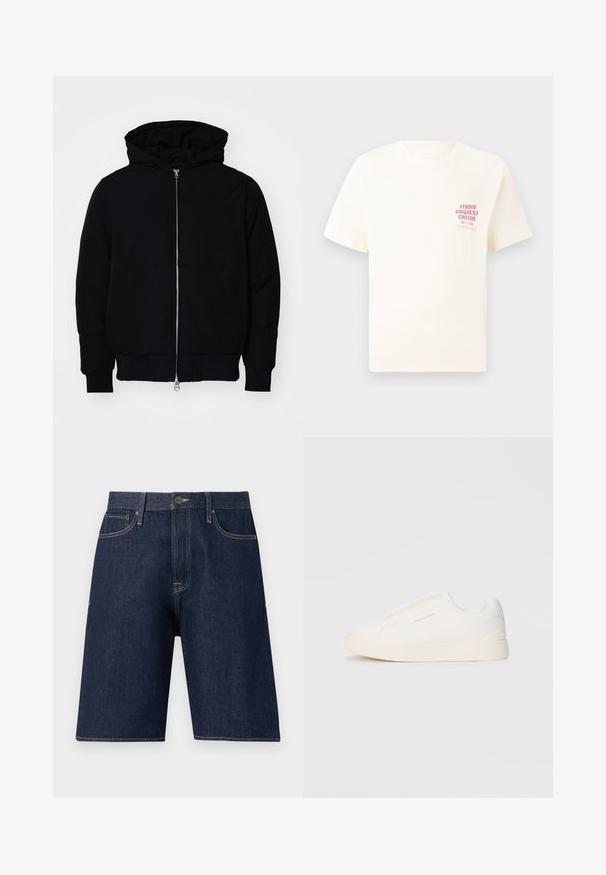 Fekete kapucnis dzseki elülső cipzárral, kenguruzsebbel, bordázott mandzsettákkal és aba, egy sima fehér háttér előtt.; Fehér, rövid ujjú póló, bal mellen piros szöveggel "Studio Originals Edition", semleges szürke háttér előtt.; Sötétkék farmer rövidnadrág egyenes szabással, gombos záródással, övhurkokkal és tónusos varrással. Nincs látható minta vagy díszítés.; Fehér slip-on sportcipők texturált felülettel, vastag talppal és minimalista dizájnnal. Az oldalon a márka logója található.