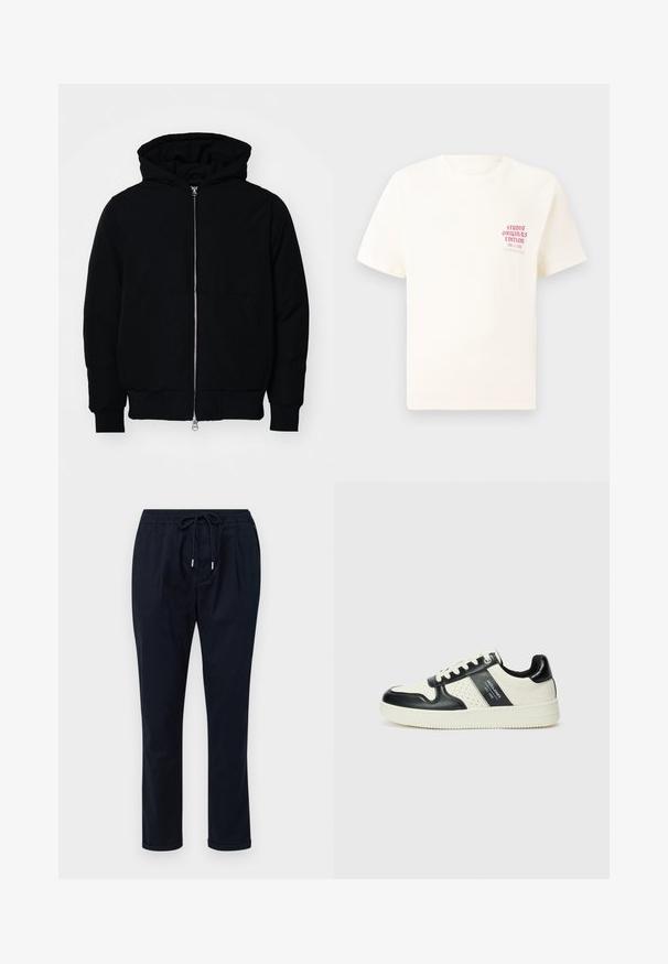 Black hooded jacket with front zipper, kangaroo pocket, ribbed cuffs, and hem, displayed on a plain white background.; White short-sleeve T-shirt with red text "Studio Originals Edition" on left chest, displayed on a neutral gray background.; Navy blue pants made of lightweight fabric, featuring an elastic waistband with a drawstring, straight legs, and rolled cuffs.; Leather sneakers with a black and cream color scheme, featuring perforated accents, a padded collar, and a textured outsole.