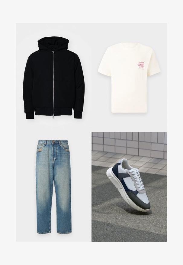 Mustaga kapuutsiga jakk, millel on esineed, kenguru tasku, soonikkoes, ja alläär, esitatud lihtsal valgel taustal.; Valge lühikeste varrukatega T-särk, millel on vasakul rinnal punane tekst "Studio Originals Edition", esitatud neutraalsel hallil taustal.; Heledad sinine teksapüksid sirge jalgadega, tuhm viimistlus, kulumisjäljed taskutel ja frakatsioonid allservas. Viie taskuga disain ja nööbiga sulgemine.; Valge, mereväe sinine ja hall spordijalats, millel on segatud materjalide disain, tekstureeritud ülemine osa, lame pael ja pehme talla.