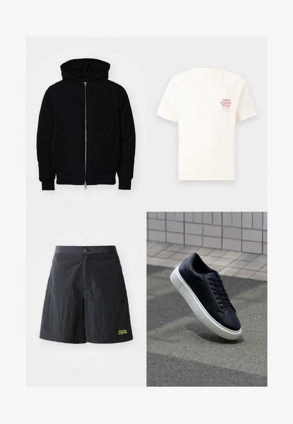 Giacca nera con cappuccio, dotata di zip frontale, tasca a marsupio, polsini e orlo a coste, esposta su uno sfondo bianco semplice.; T-shirt bianco a maniche corte con testo rosso "Studio Originals Edition" sul lato sinistro del petto, esposto su uno sfondo grigio neutro.; The New Originals RUNNING - Shorts - black; Sneaker in pelle nera con punta arrotondata e suola in gomma bianca. Presenta lacci piatti e cuciture minime sulla parte superiore. Suola testurizzata per una migliore aderenza.