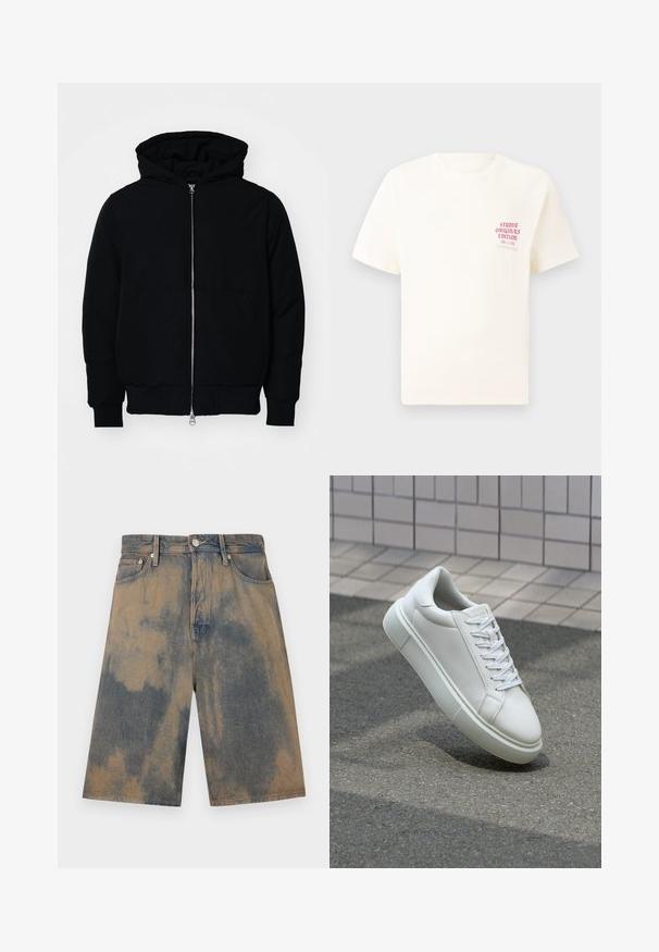 Black hooded jacket with front zipper, kangaroo pocket, ribbed cuffs, and hem, displayed on a plain white background.; White short-sleeve T-shirt with red text "Studio Originals Edition" on left chest, displayed on a neutral gray background.; Denim shorts with a faded blue and beige tie-dye effect, featuring a classic five-pocket design and metal hardware details.; White leather sneaker with a smooth surface, round toe, and flat white laces. Features a textured rubber sole and minimal design elements.