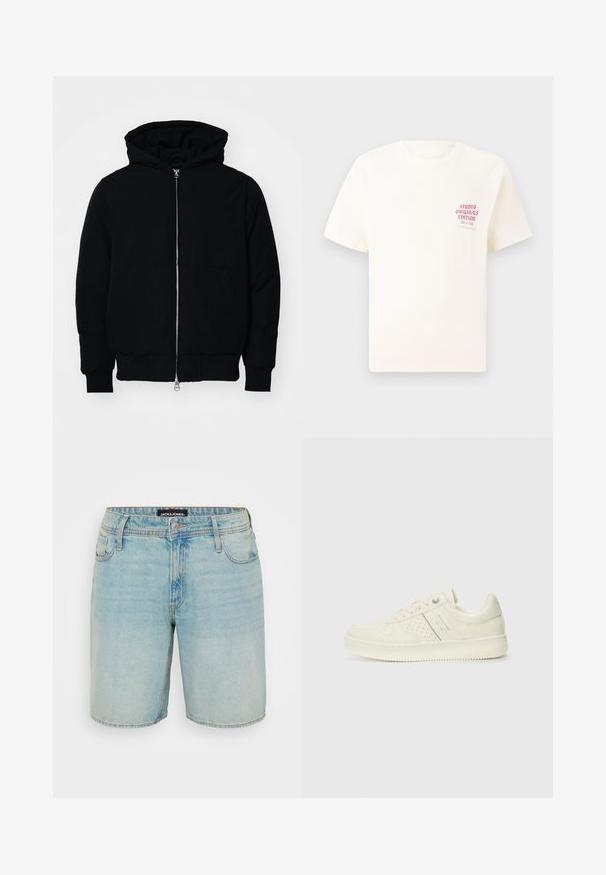 Fekete kapucnis dzseki elülső cipzárral, kenguruzsebbel, bordázott mandzsettákkal és aba, egy sima fehér háttér előtt.; Fehér, rövid ujjú póló, bal mellen piros szöveggel "Studio Originals Edition", semleges szürke háttér előtt.; Világoskék farmer rövidnadrág klasszikus öt zsebes dizájnnal, gombzárral és enyhén koptatott felülettel. A JACKET & JONES címke látható a derékrészen.; Krém színű sneaker perforált részletekkel, fűzőkkel és logóval az oldalán, egy sima fehér háttér előtt kiállítva.