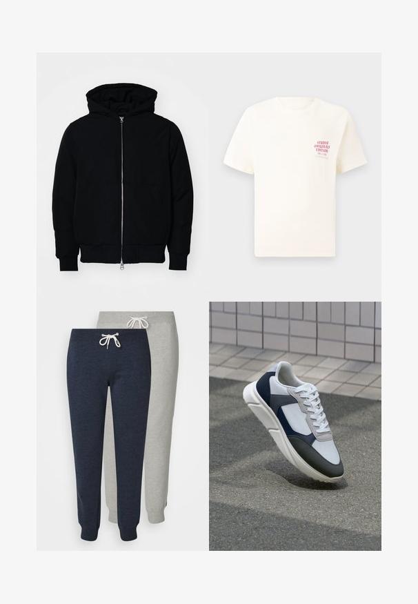 Svart hettejakke med frontglidelås, kengurulomme, ribbestrikket mansjetter og søm, vist på en ensfarget hvit bakgrunn.; Hvit T-skjorte med korte ermer og rød tekst "Studio Originals Edition" på venstre bryst, vist på en nøytral grå bakgrunn.; To par joggebukser: en i marineblå og en i lys grå. Laget av mykt materiale, med elastiske mansjetter og snøring i livet.; Hvitt, marineblått og grått sportsko med en blandet materialdesign, som har en teksturert overdel, flate snørebånd og en polstret såle.