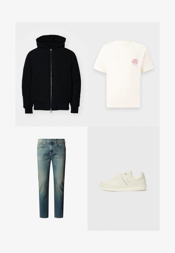 Crna kapuška jakna s prednjim zatvaračem, kenguru džepom, rebrastim manžetama i rubom, prikazana na običnoj bijeloj pozadini.; Bijela kratka majica s kratkim rukavima s crvenim natpisom "Studio Originals Edition" na lijevoj strani grudi, prikazana na neutralnoj sivoj pozadini.; Svijetloplave traperice ravnog kroja, s pet džepova, zatvaračem na gumbe i suptilnim izblijedjelim detaljima na tkanini.; Kremasto bijele tenisice s perforiranim detaljima, vezicama i logotipom s bočne strane, prikazane na jednostavnoj bijeloj pozadini.